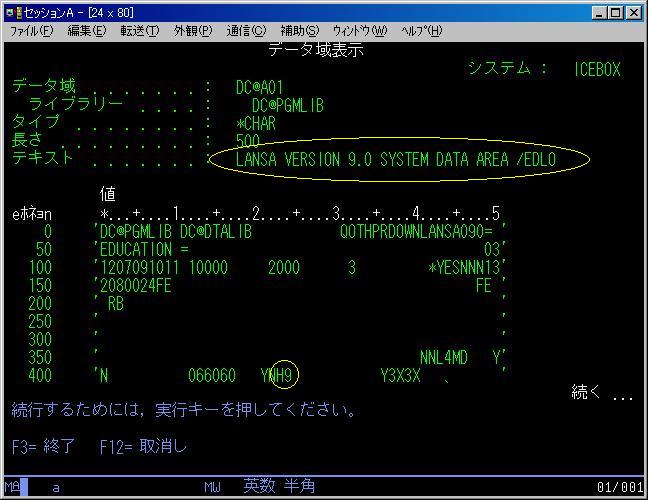 画面(2) データ域表示の画面が出力される