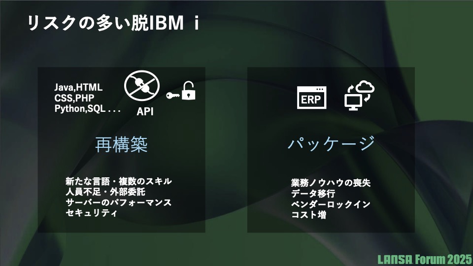 脱IBM i(再構築・パッケージ導入)における主なリスクと課題の比較図